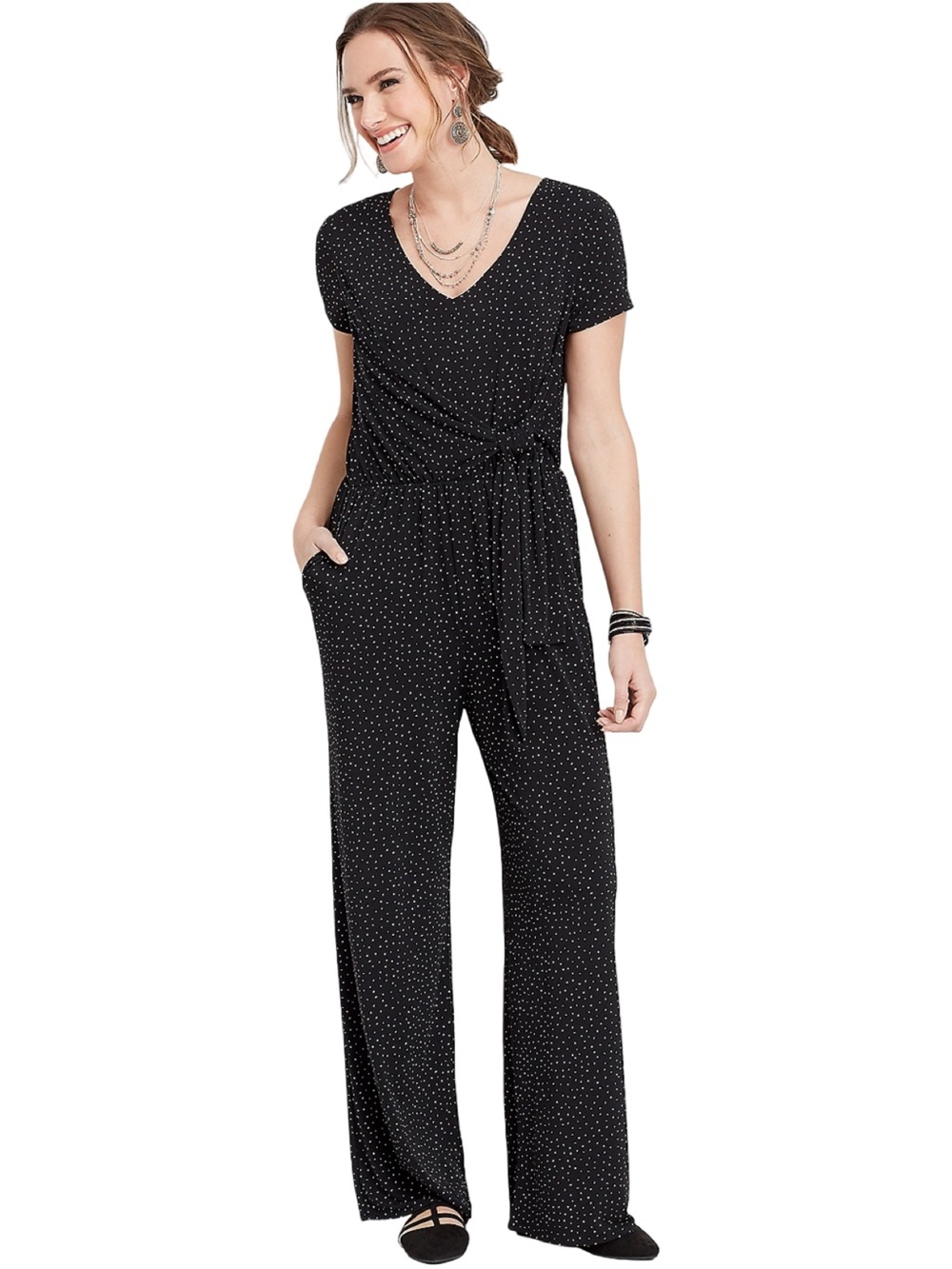 Maurices‎ Women's Black White Triangle Print Tie Front Jumpsuit Size Small EUC